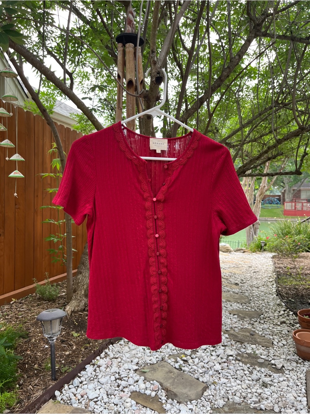 Sezane  Laura in Cherry Red Short Sleeve Lace-Trim Button Front Tee